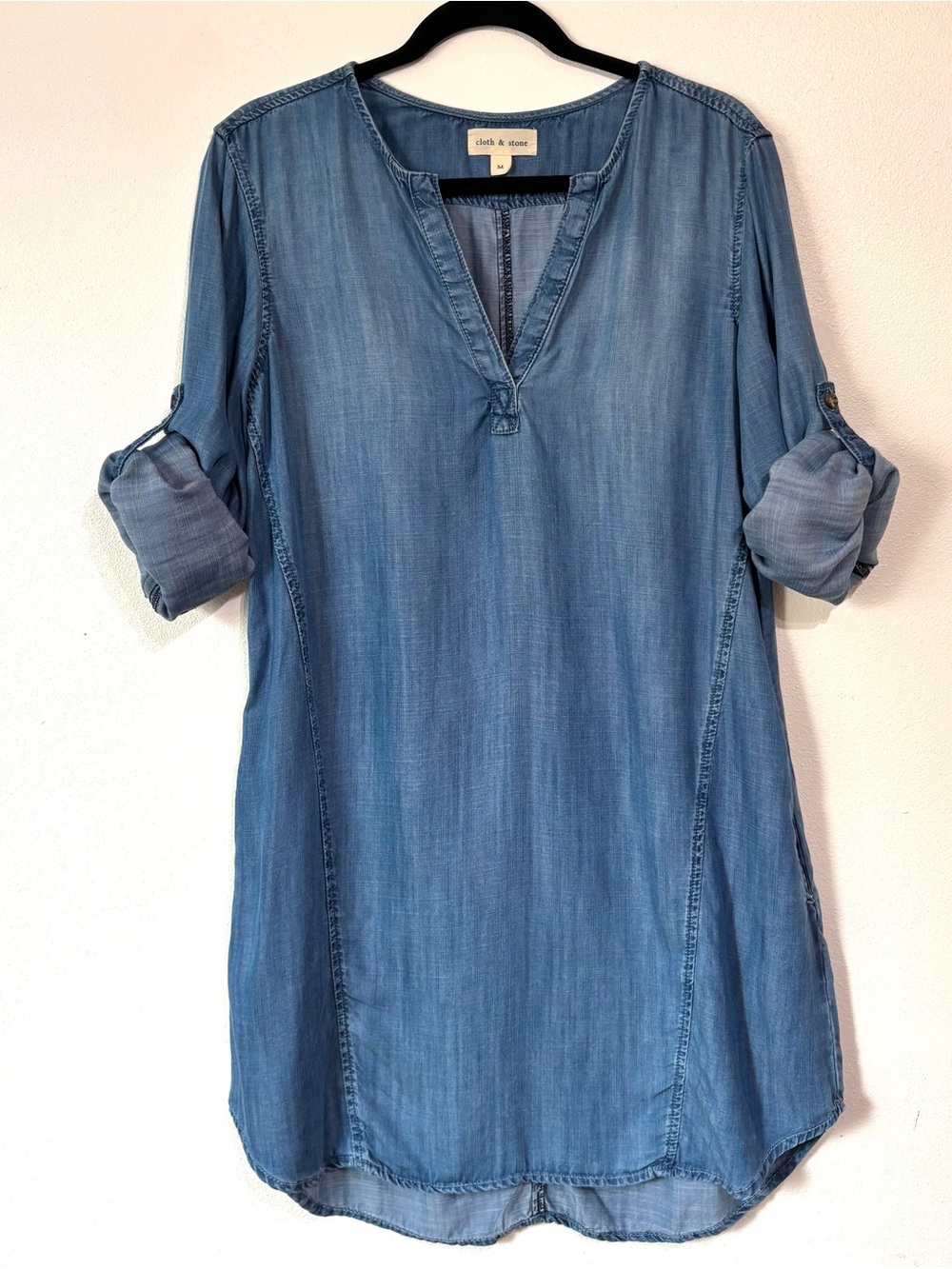 Cloth & Stone Elena Tunic Dress Chambray Medium 100% Tencel Roll Tab Sleeves